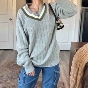Y2K Nautica Varsity Cable Knit V-Neck Sweater Gray Academia Preppy Collegiate XL